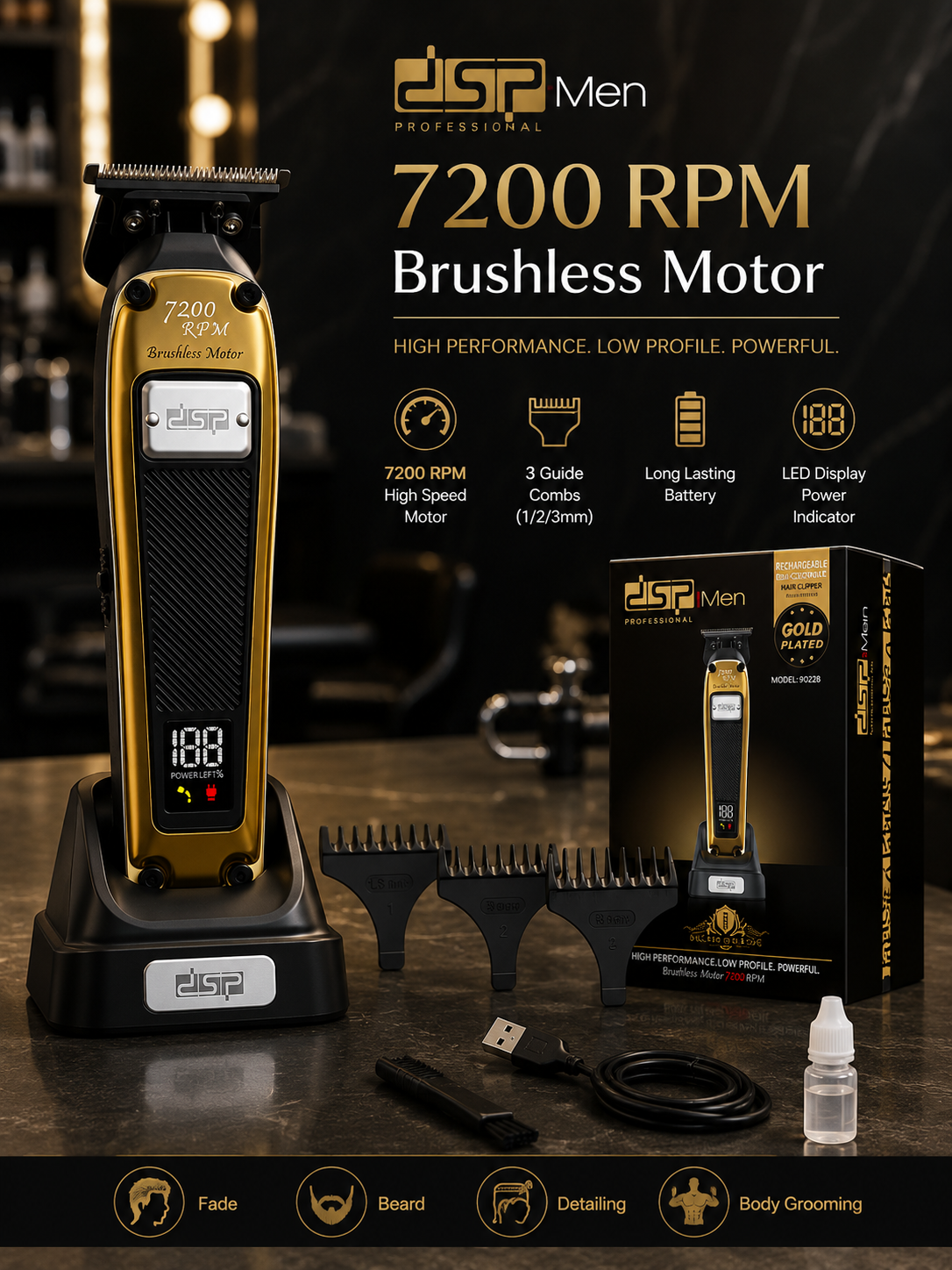 DSP Professional Beard Trimmer for Men Cordless Trimmer Men Barber BLDC Motor & DLC Coated Blade Bald Head Clipper for Men